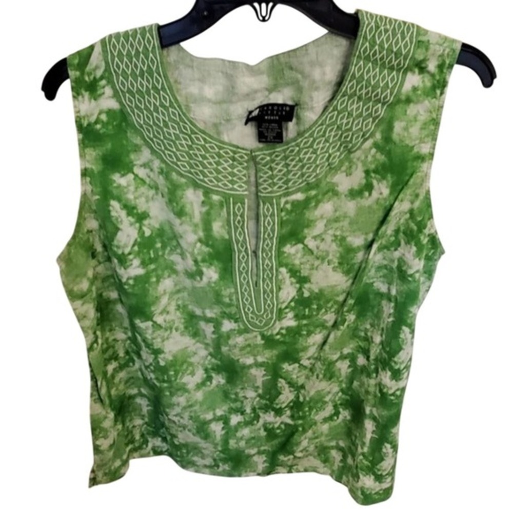 Carole Little Woman Green Tie Dye Linen‎ Blend Embroidered Split Neck Top 2X